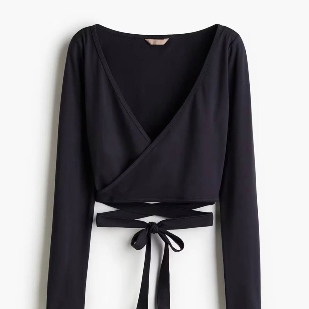 H&M Black Wrap Tie-Front Long Sleeve Crop Top